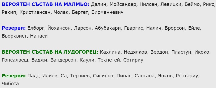 Вероятен състав на отборите